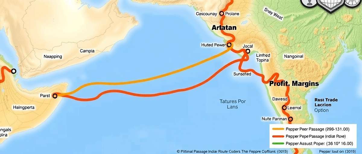 Pepper Passage Optimal Trade Routes Map showing optimal trade routes in Pepper Passage Indian Route with highlighted paths and profit margins